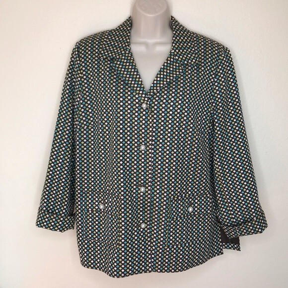 RQT Brown Embroidered White Aqua Polka Dot Pearl Button Jacket Women Size 14 - Picture 16 of 16